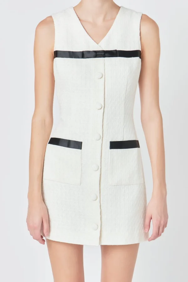 ENDLESS ROSE Tops*- Satin Bow Tweed Shirt Dress IVORY