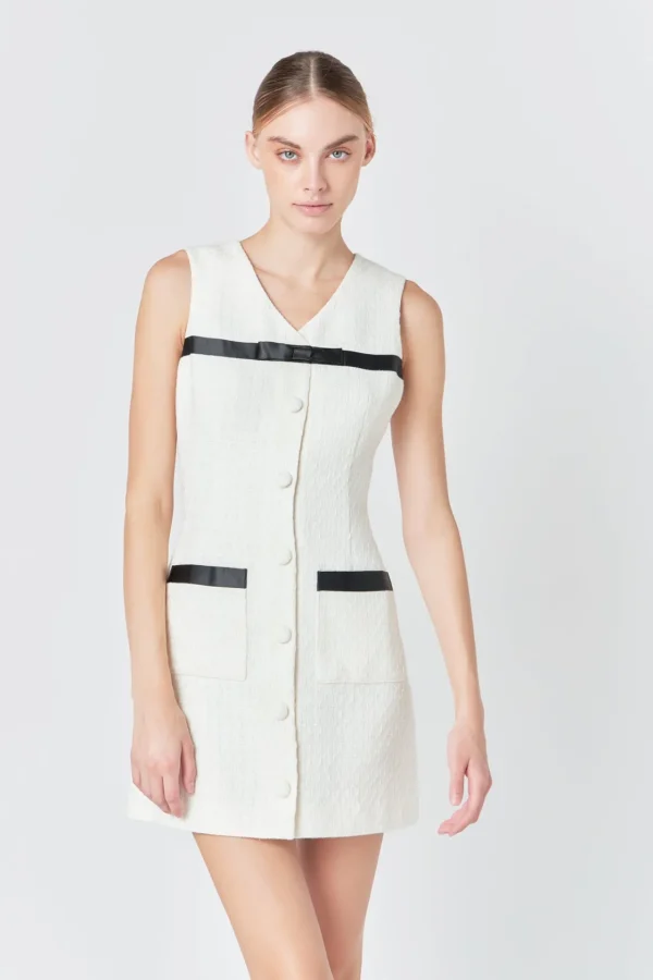 ENDLESS ROSE Tops*- Satin Bow Tweed Shirt Dress IVORY
