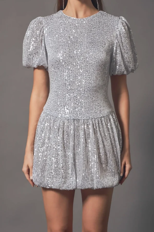 ENDLESS ROSE Tops*- Sequin Bubble Skirt Mini Dress SILVER