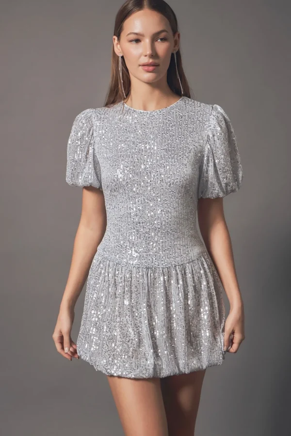 ENDLESS ROSE Tops*- Sequin Bubble Skirt Mini Dress SILVER