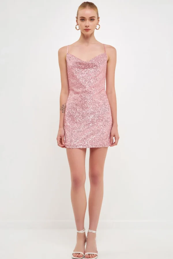 ENDLESS ROSE Tops*- Sequin Cowl Neck Mini Dress