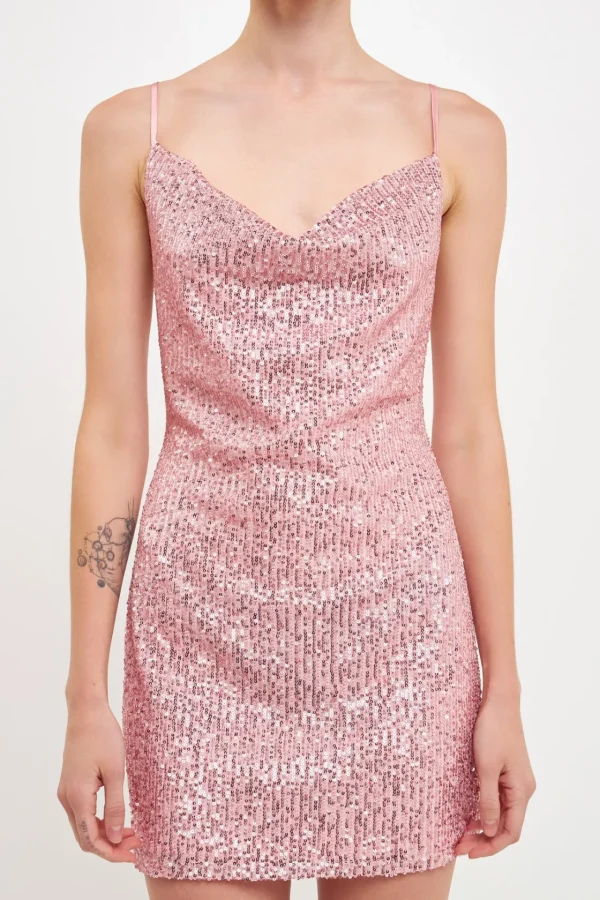 ENDLESS ROSE Tops*- Sequin Cowl Neck Mini Dress