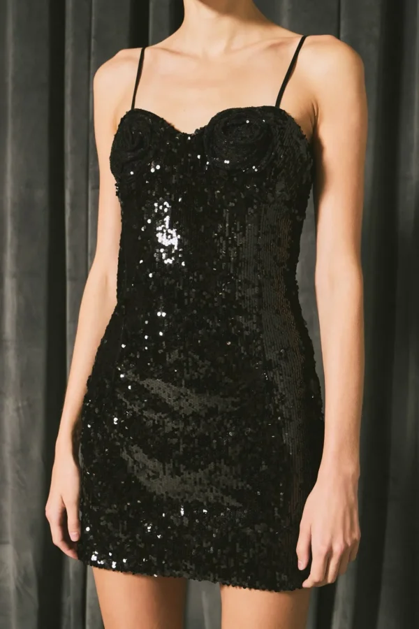 ENDLESS ROSE Tops*- Sequin Flower Mini Dress BLACK