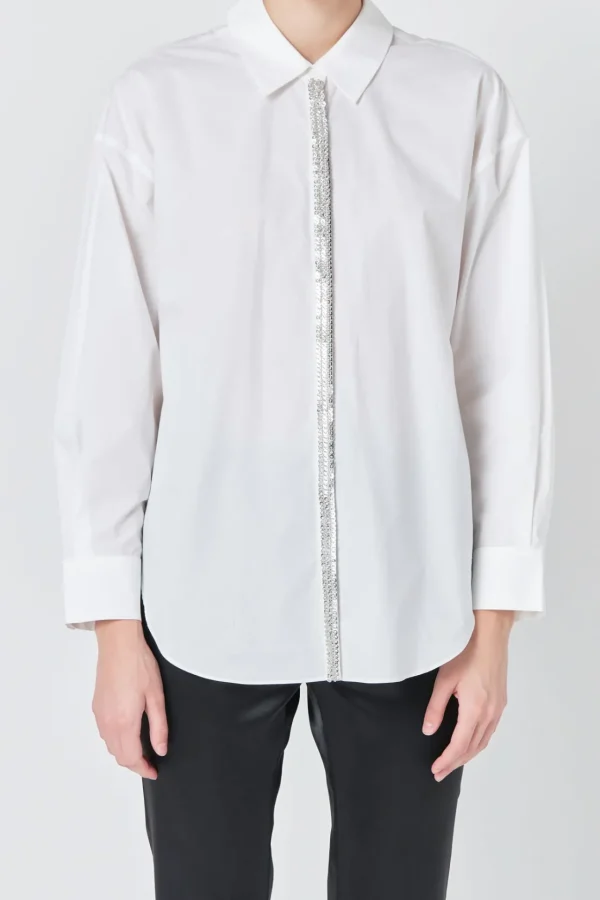 ENDLESS ROSE Tops | Shirts & Blouses*- Sequin Placket Button-Up Shirt WHITE