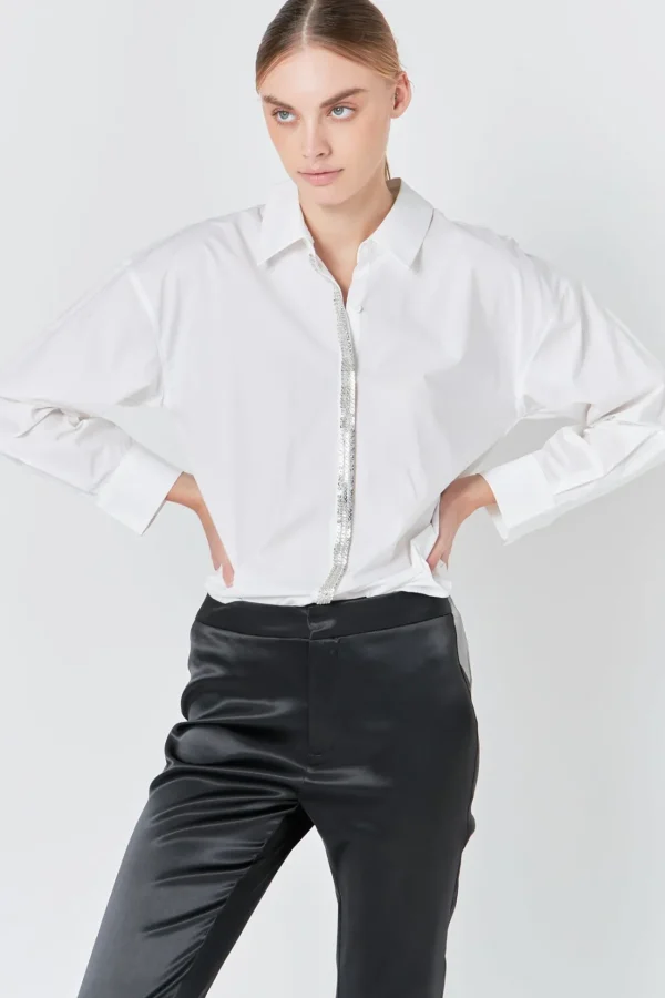 ENDLESS ROSE Tops | Shirts & Blouses*- Sequin Placket Button-Up Shirt WHITE