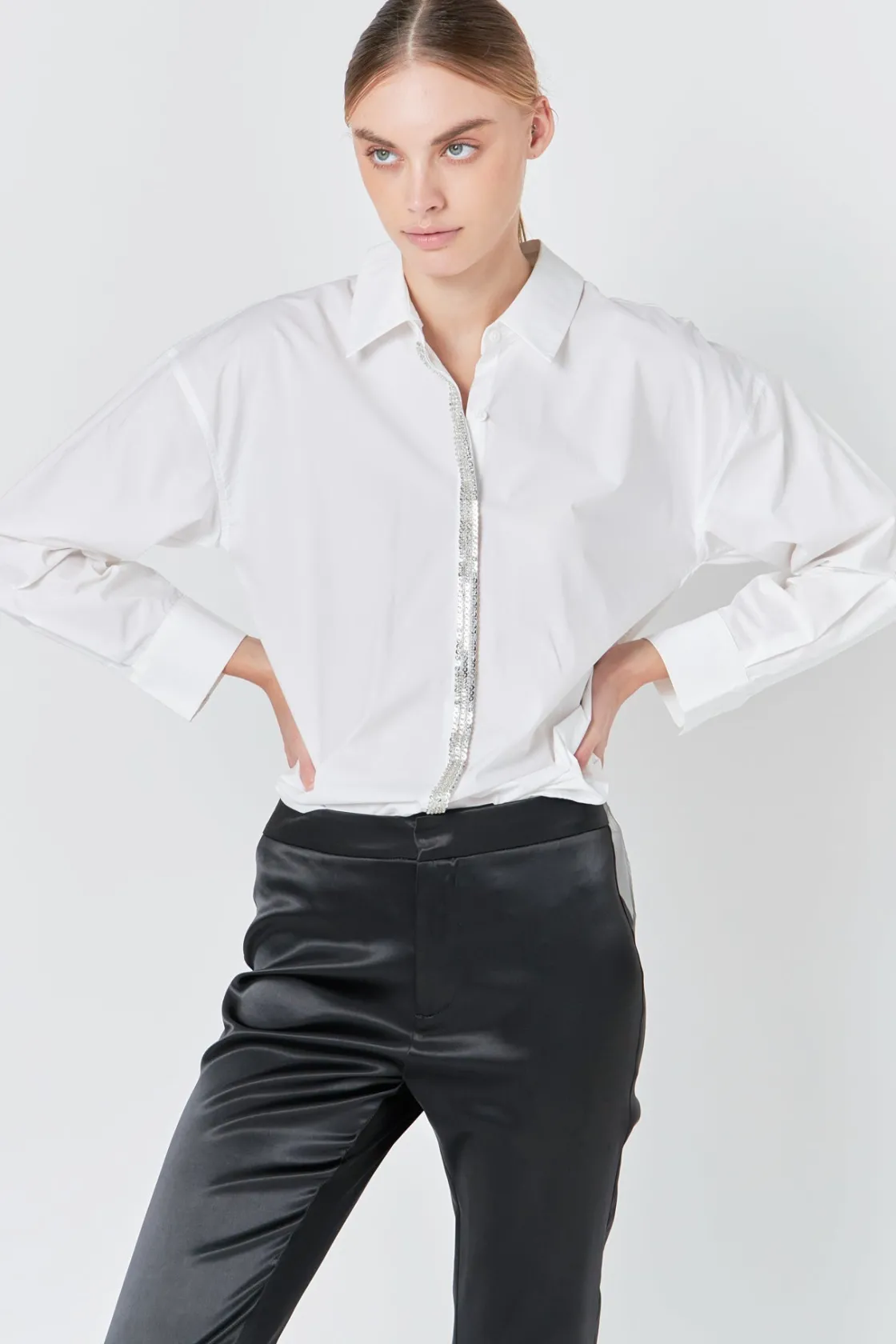 endless_rose__sequin_plac_3.webp ENDLESS ROSE Tops | Shirts & Blouses*- Sequin Placket Button-Up Shirt WHITE