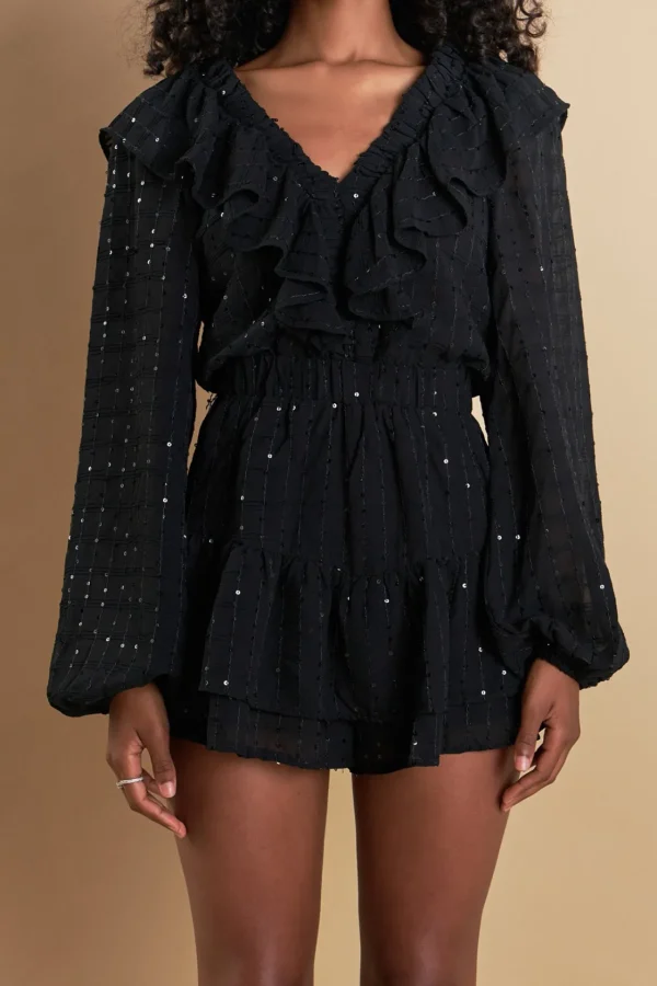 ENDLESS ROSE Tops*- Sequin Ruffled Romper BLACK