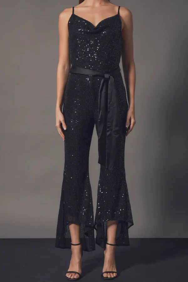 ENDLESS ROSE Tops | One Pieces*- Sequin Spaghetti Strap Jumpsuit BLACK