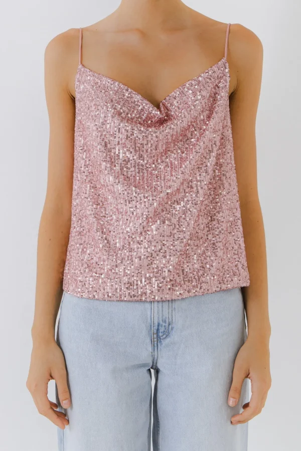 ENDLESS ROSE Tops*- Sequins Cowl Neck Top
