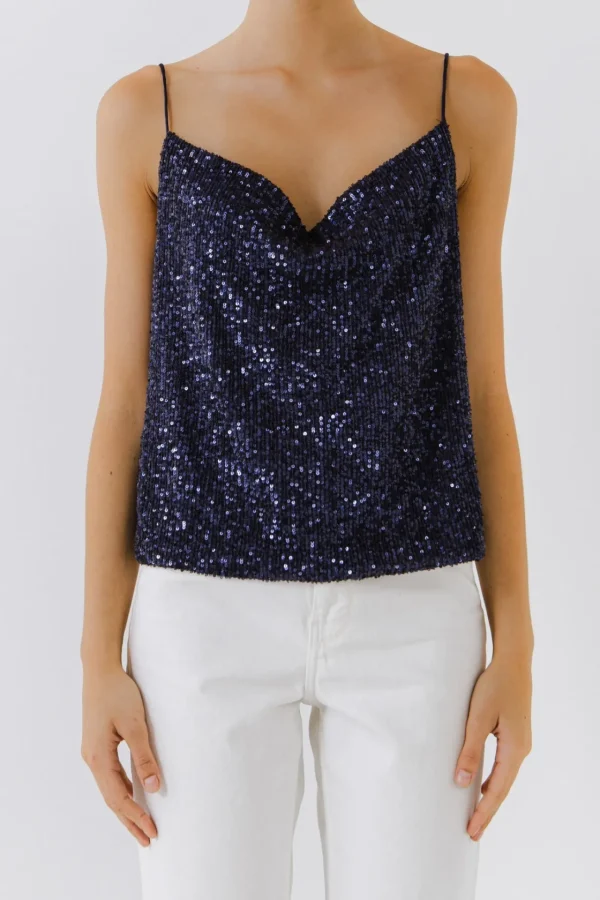 ENDLESS ROSE Tops*- Sequins Cowl Neck Top