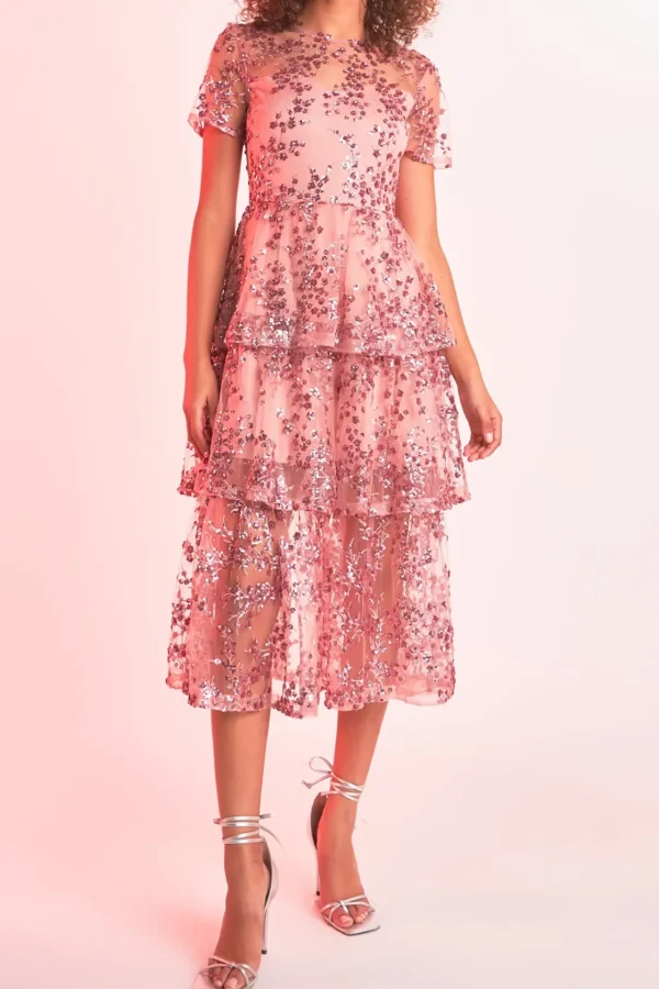 ENDLESS ROSE Tops*- Sequins Embroidered Maxi Dress PINK