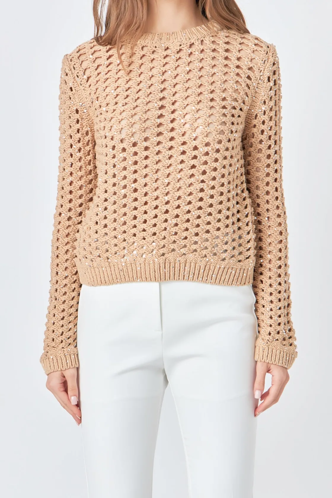 endless_rose__sequins_kni_0.webp ENDLESS ROSE Tops*- Sequins Knit Long Sleeve Top BEIGE