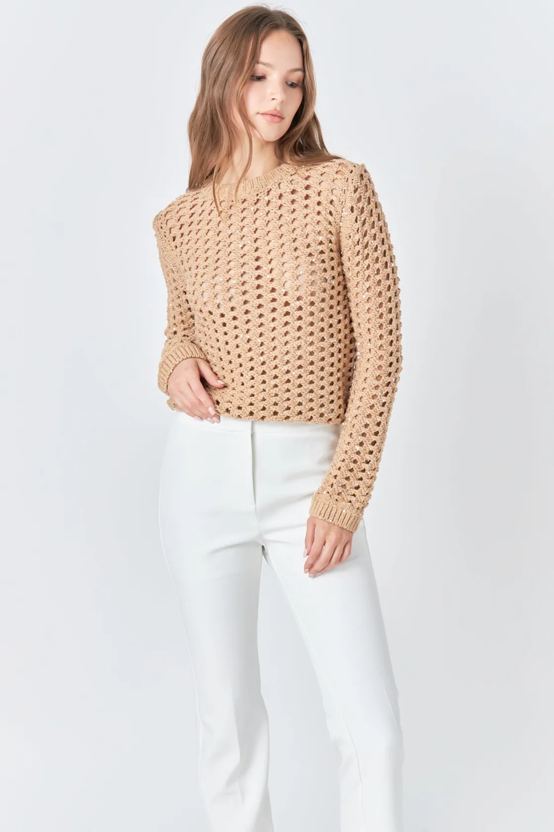 endless_rose__sequins_kni_3.webp ENDLESS ROSE Tops*- Sequins Knit Long Sleeve Top BEIGE