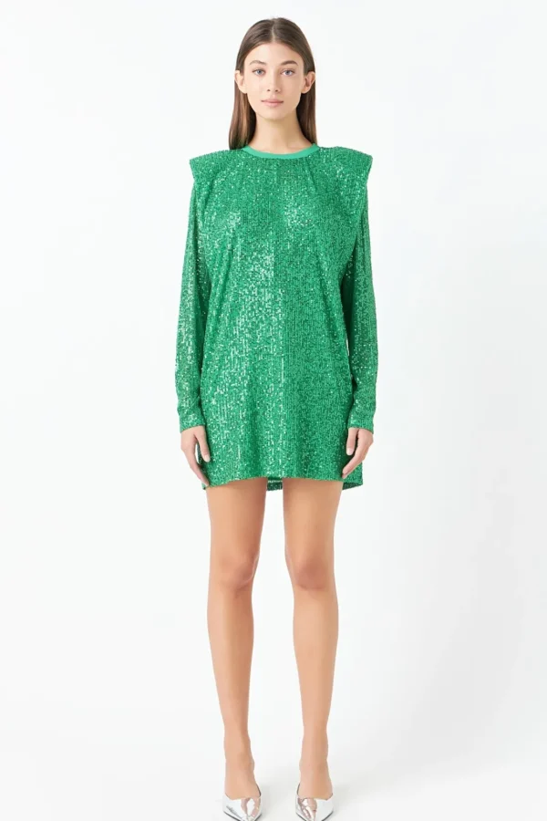 ENDLESS ROSE Tops*- Sequins Long Sleeve Shift Mini Dress