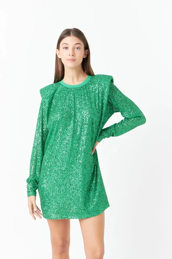ENDLESS ROSE Tops*- Sequins Long Sleeve Shift Mini Dress