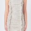 ENDLESS ROSE Tops*- Sequins Ruching Mini Dress IVORY