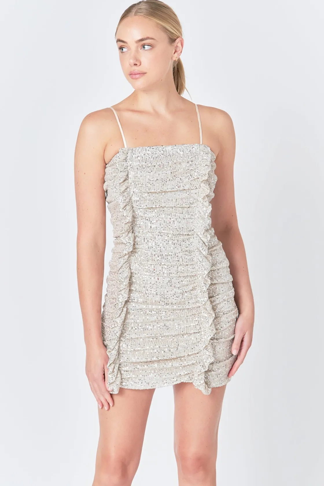 endless_rose__sequins_ruc_3.webp ENDLESS ROSE Tops*- Sequins Ruching Mini Dress IVORY