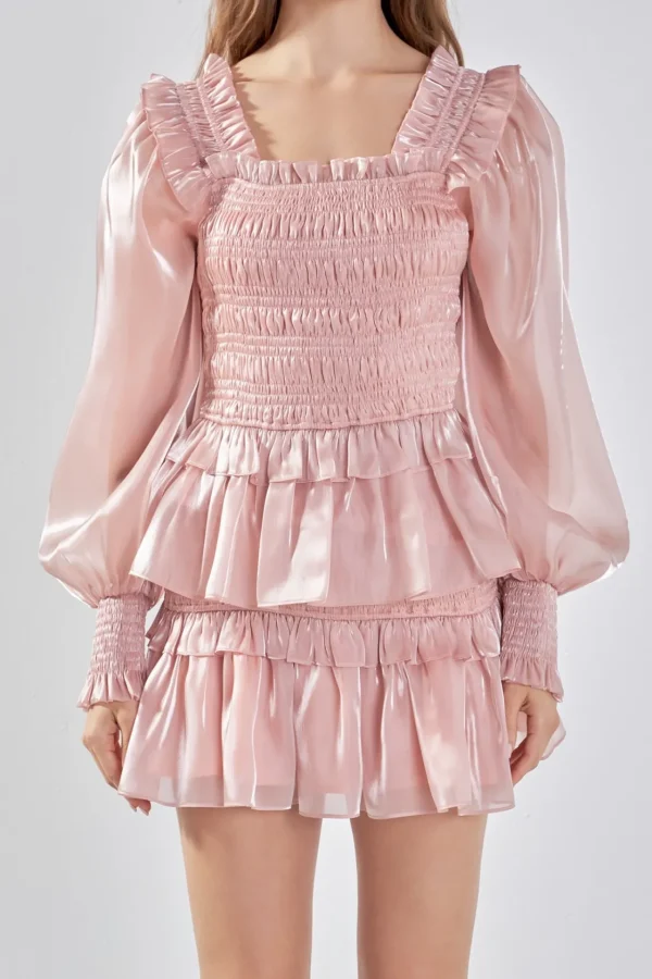ENDLESS ROSE Tops*- Sheen Smocked Long Sleeve Mini Dress ROSE