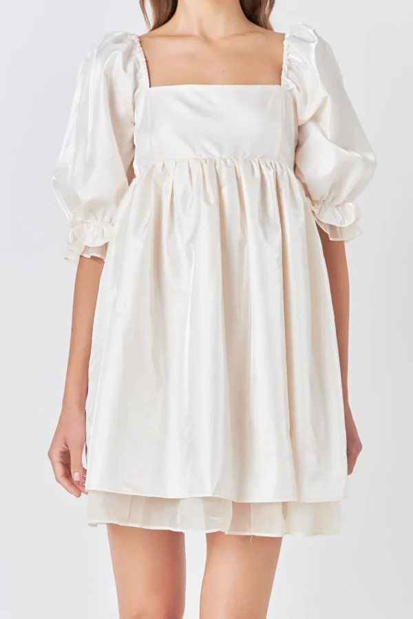 ENDLESS ROSE Tops*- Shiny Puff Sleeve Mini Dress CREAM
