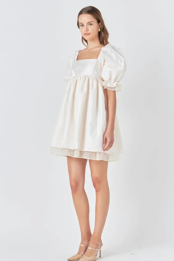 ENDLESS ROSE Tops*- Shiny Puff Sleeve Mini Dress CREAM