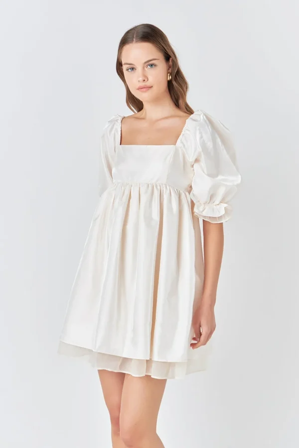 ENDLESS ROSE Tops*- Shiny Puff Sleeve Mini Dress CREAM
