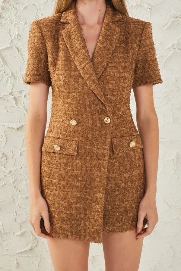 ENDLESS ROSE Tops*- Short Sleeve Tweed Romper BROWN