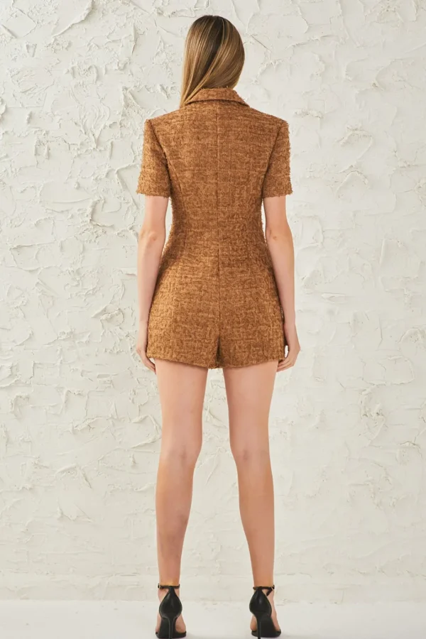 ENDLESS ROSE Tops*- Short Sleeve Tweed Romper BROWN