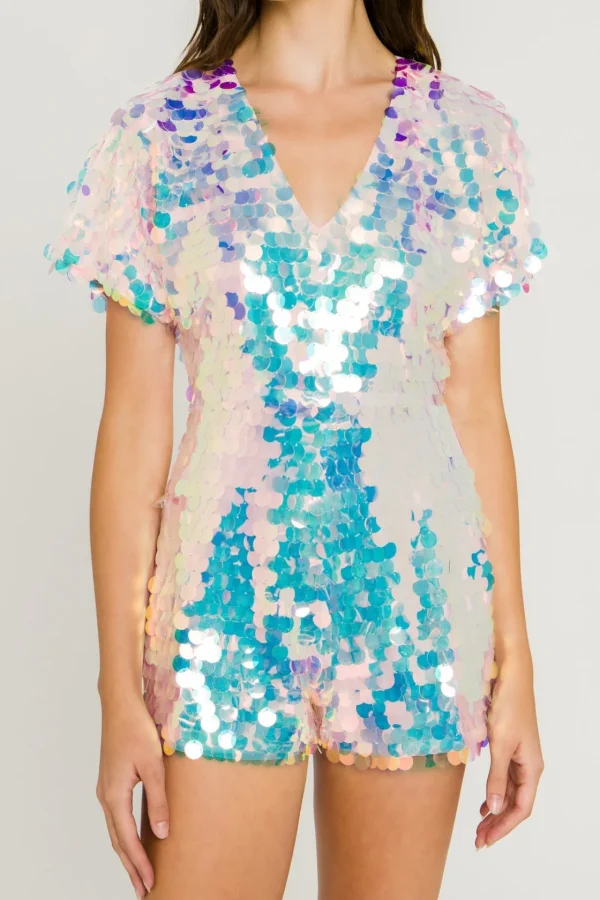 ENDLESS ROSE Tops*- Short Sleeve Sequin Romper