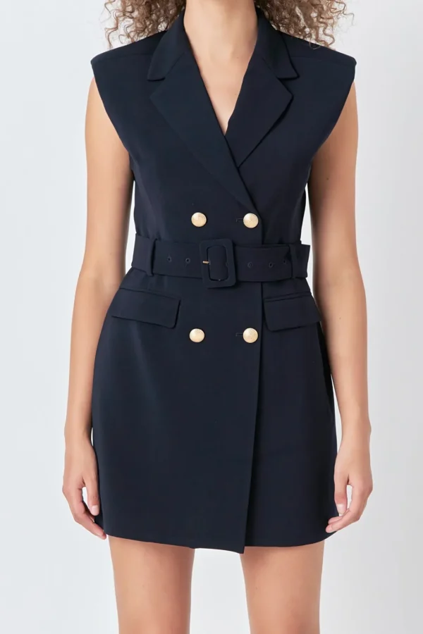 ENDLESS ROSE Tops*- Shoulder Pad Double Breast Mini Dress NAVY