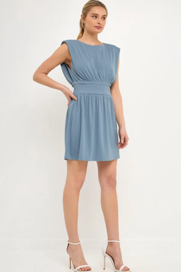 ENDLESS ROSE Tops*- Shoulder Pad Mini with Smocked Waist BLUE