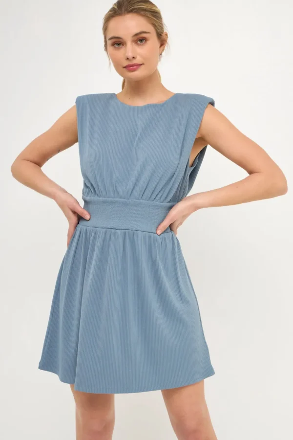 ENDLESS ROSE Tops*- Shoulder Pad Mini with Smocked Waist BLUE