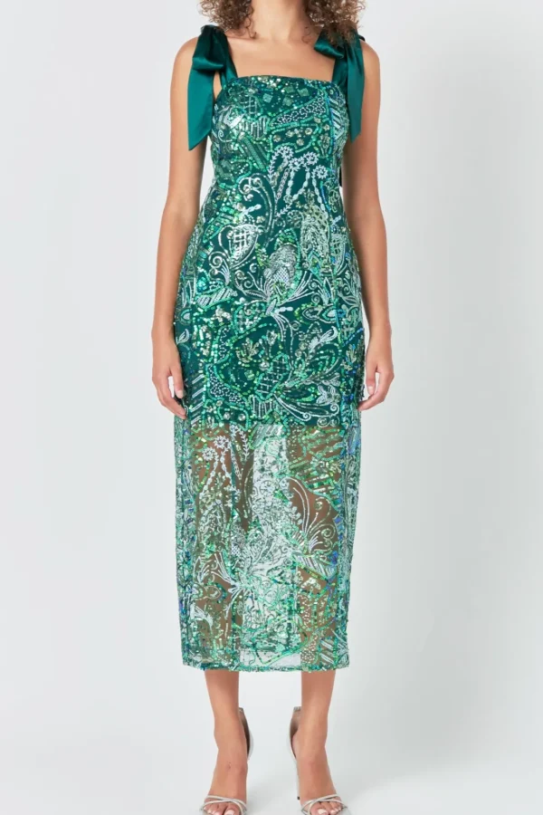 ENDLESS ROSE Tops*- Shoulder Tie Sequins Maxi Dress GREEN
