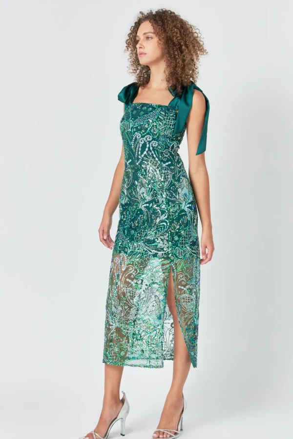 ENDLESS ROSE Tops*- Shoulder Tie Sequins Maxi Dress GREEN