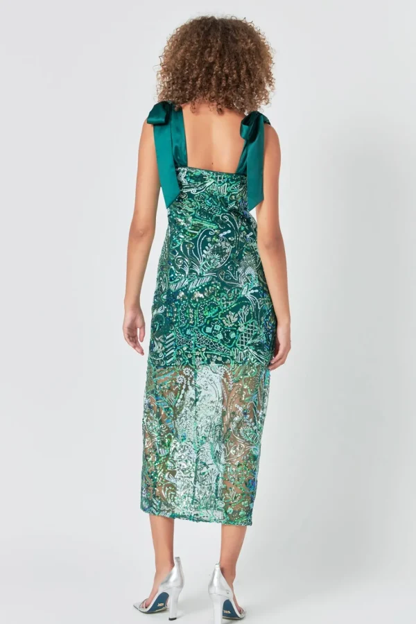 ENDLESS ROSE Tops*- Shoulder Tie Sequins Maxi Dress GREEN
