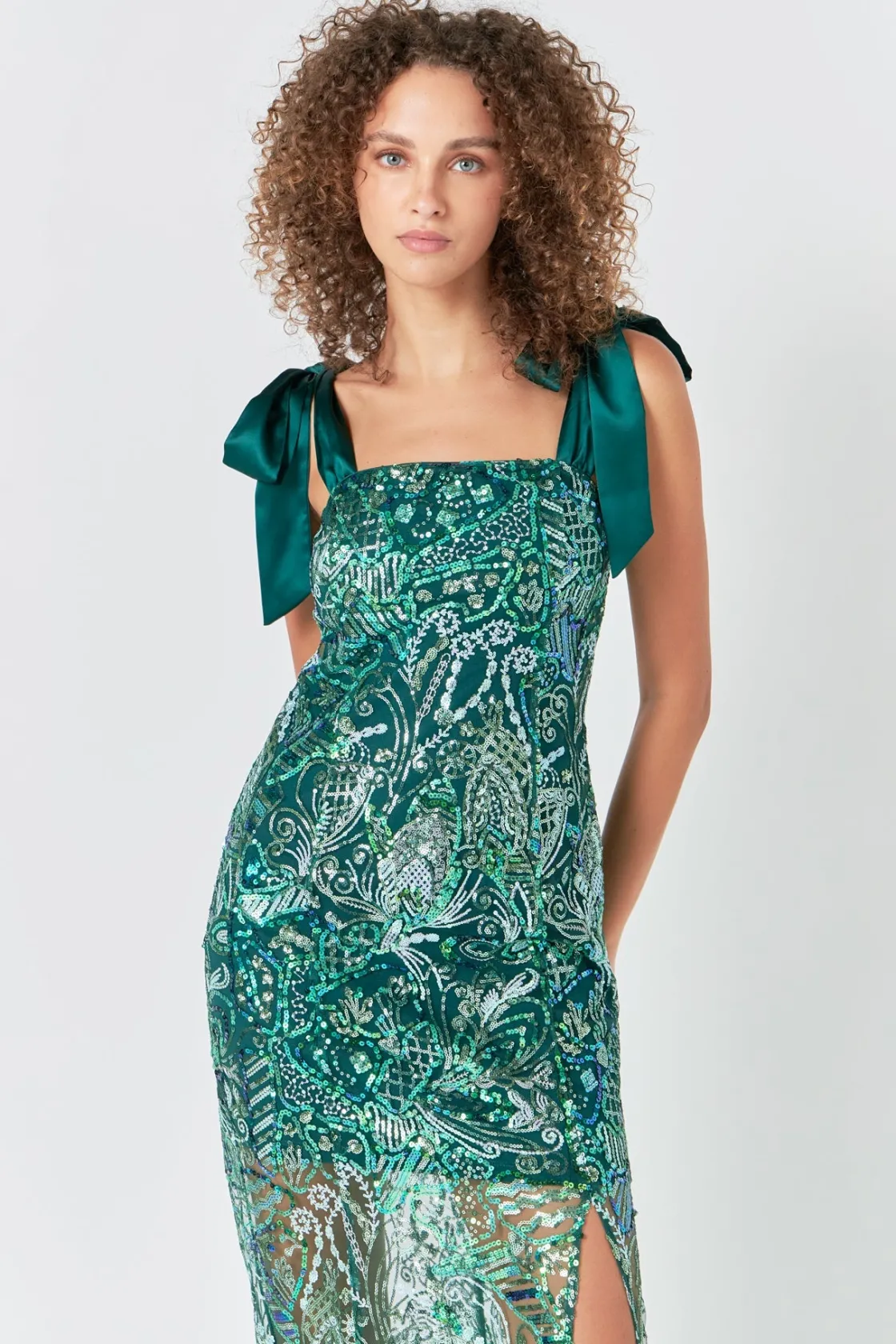 endless_rose__shoulder_ti_3.webp ENDLESS ROSE Tops*- Shoulder Tie Sequins Maxi Dress GREEN