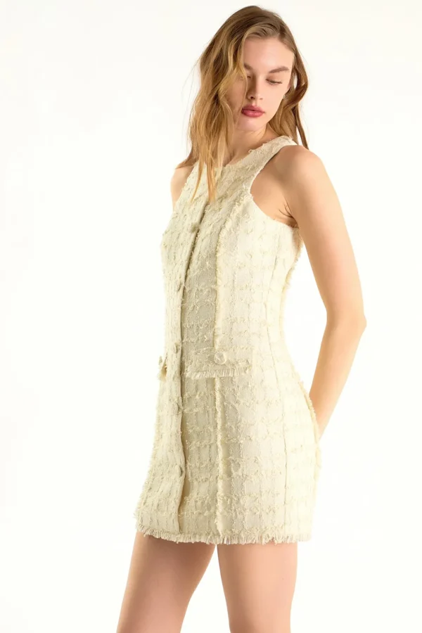 ENDLESS ROSE Tops*- Sleeveless Tweed Fringed Mini Dress IVORY