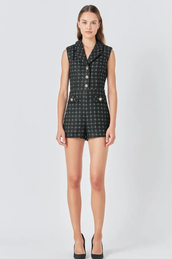 ENDLESS ROSE Tops*- Sleeveless Tweed Suited Romper