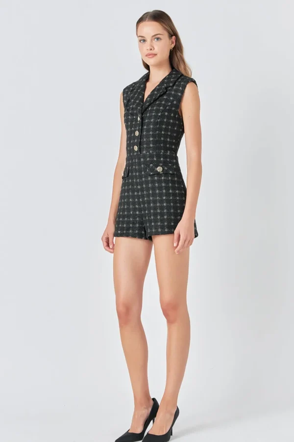 ENDLESS ROSE Tops*- Sleeveless Tweed Suited Romper