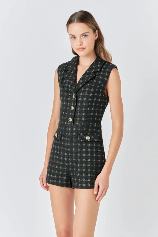 ENDLESS ROSE Tops*- Sleeveless Tweed Suited Romper