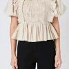 ENDLESS ROSE Tops*- Smocked Puff Sleeve Peplum Crop Top BEIGE