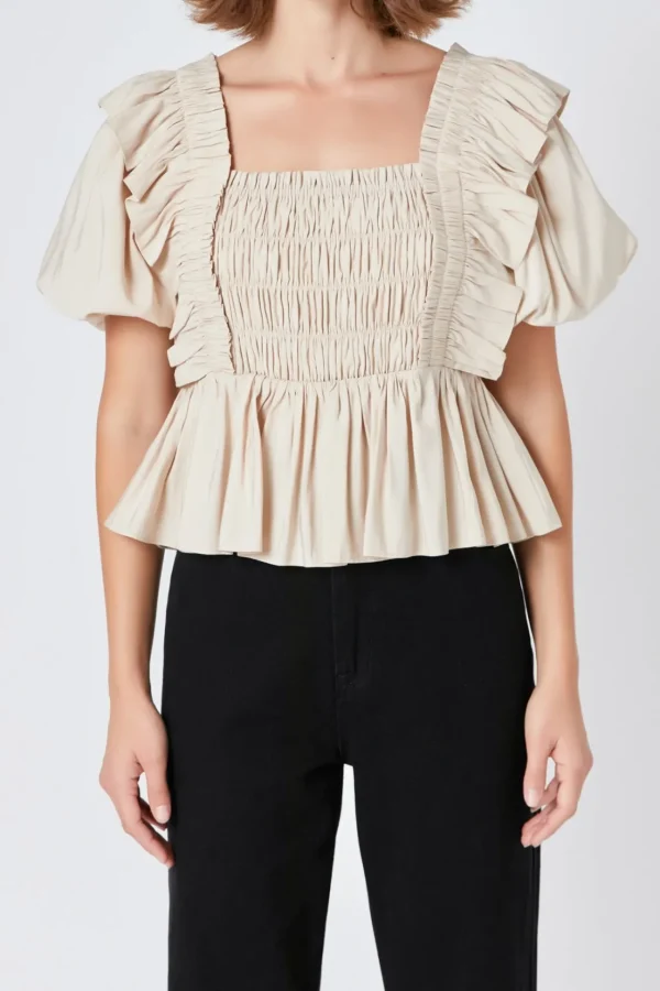 ENDLESS ROSE Tops*- Smocked Puff Sleeve Peplum Crop Top BEIGE