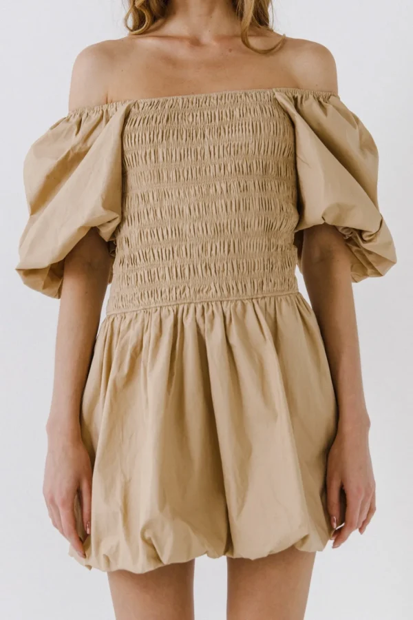 ENDLESS ROSE Tops*- Smocked Puff Mini Dress BEIGE