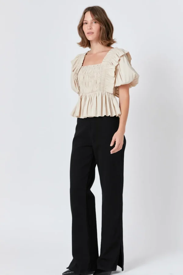 ENDLESS ROSE Tops*- Smocked Puff Sleeve Peplum Crop Top BEIGE