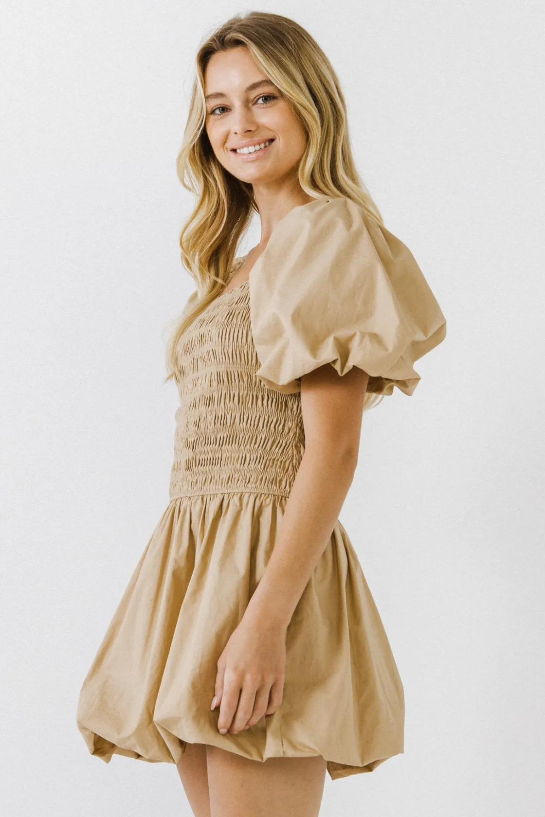 endless_rose__smocked_puf_1-2.webp ENDLESS ROSE Tops*- Smocked Puff Mini Dress BEIGE