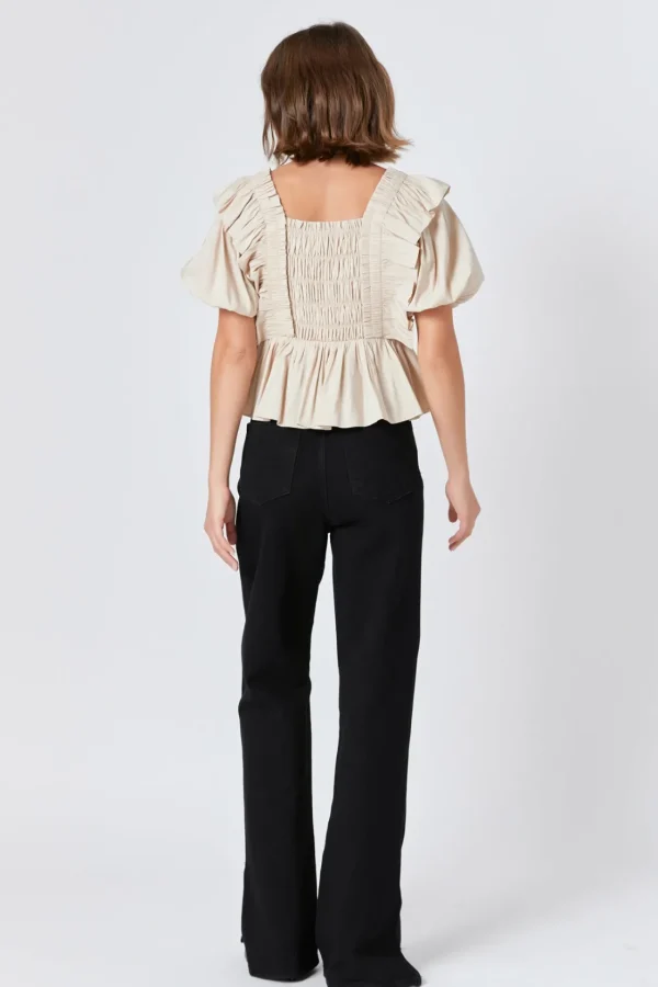 ENDLESS ROSE Tops*- Smocked Puff Sleeve Peplum Crop Top BEIGE