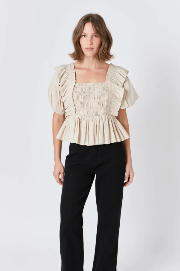 ENDLESS ROSE Tops*- Smocked Puff Sleeve Peplum Crop Top BEIGE