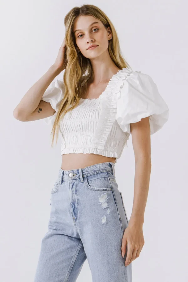 ENDLESS ROSE Tops*- Smocked Puff Sleeve Top