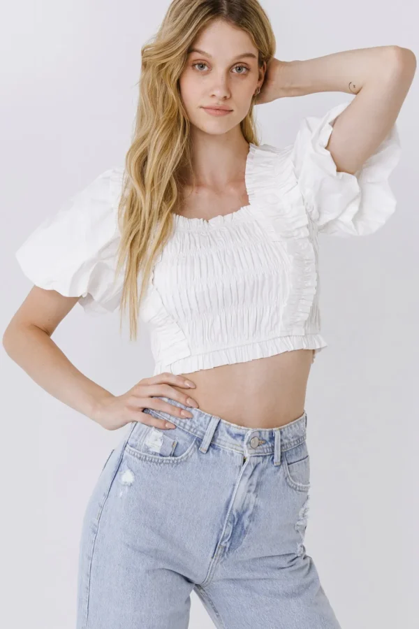 ENDLESS ROSE Tops*- Smocked Puff Sleeve Top