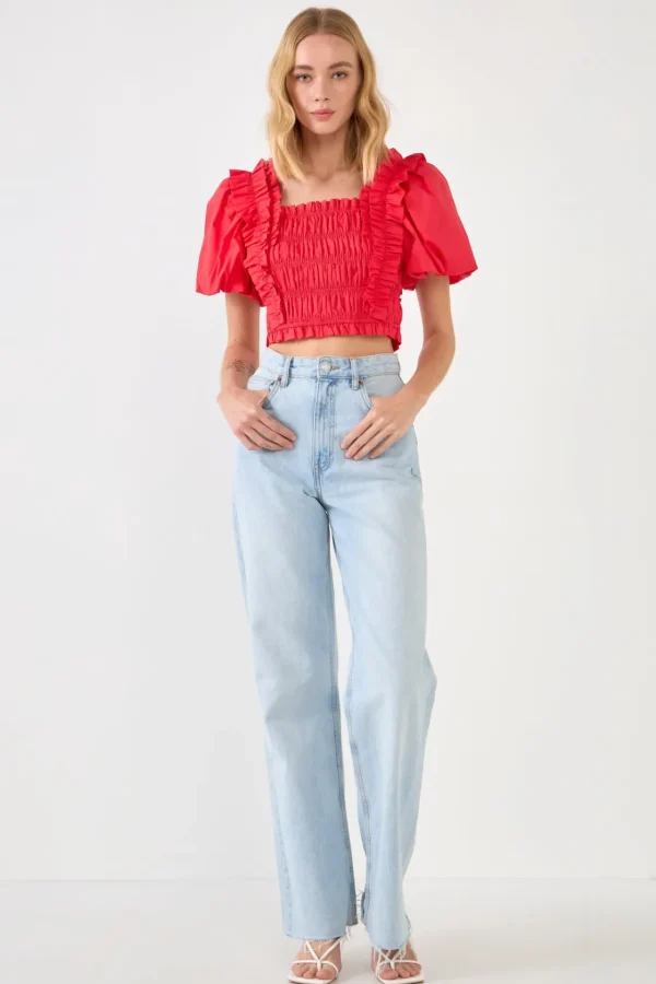 ENDLESS ROSE Tops*- Smocked Puff Sleeve Top