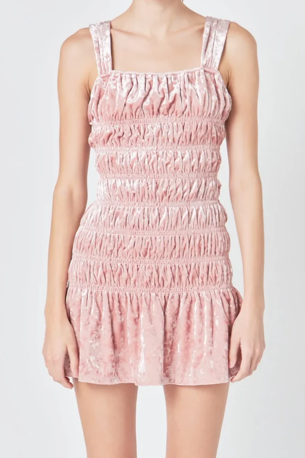 ENDLESS ROSE Tops*- Smocked Velvet Mini Dress BLUSH